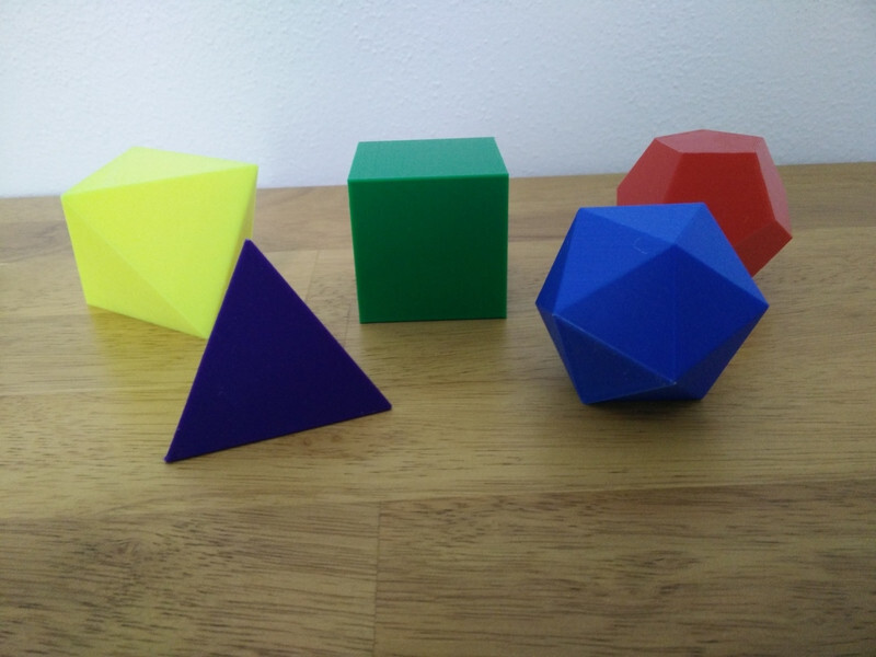 Five 5 Platonic Solids Model Set Geometry Math Models 3D Printed Multicolored