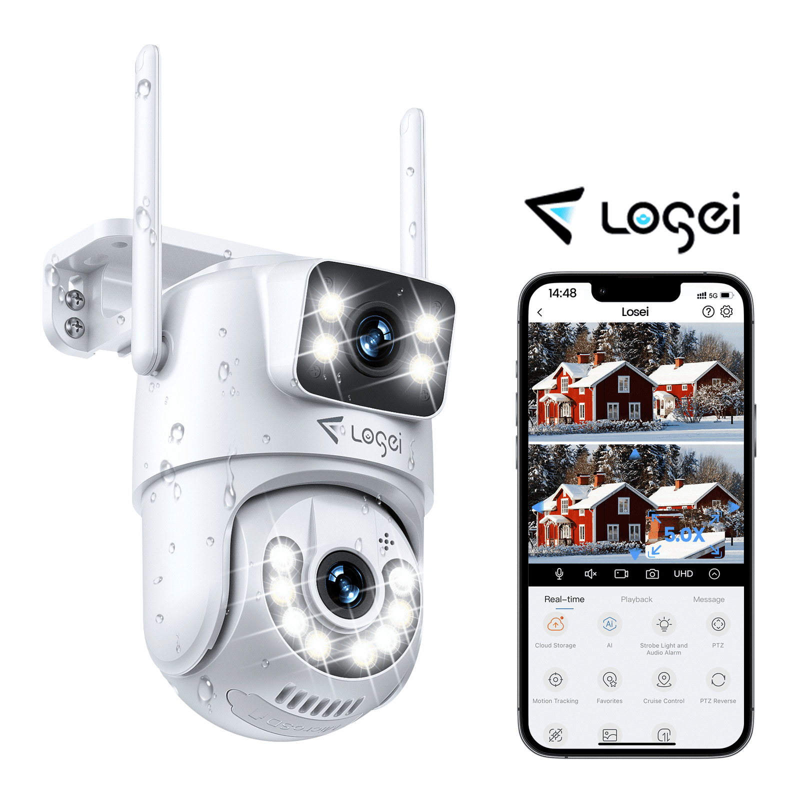 Losei 8MP 4K Outdoor Smart Security Camera, 360 Pan Tilt, Dual Lens with 5X