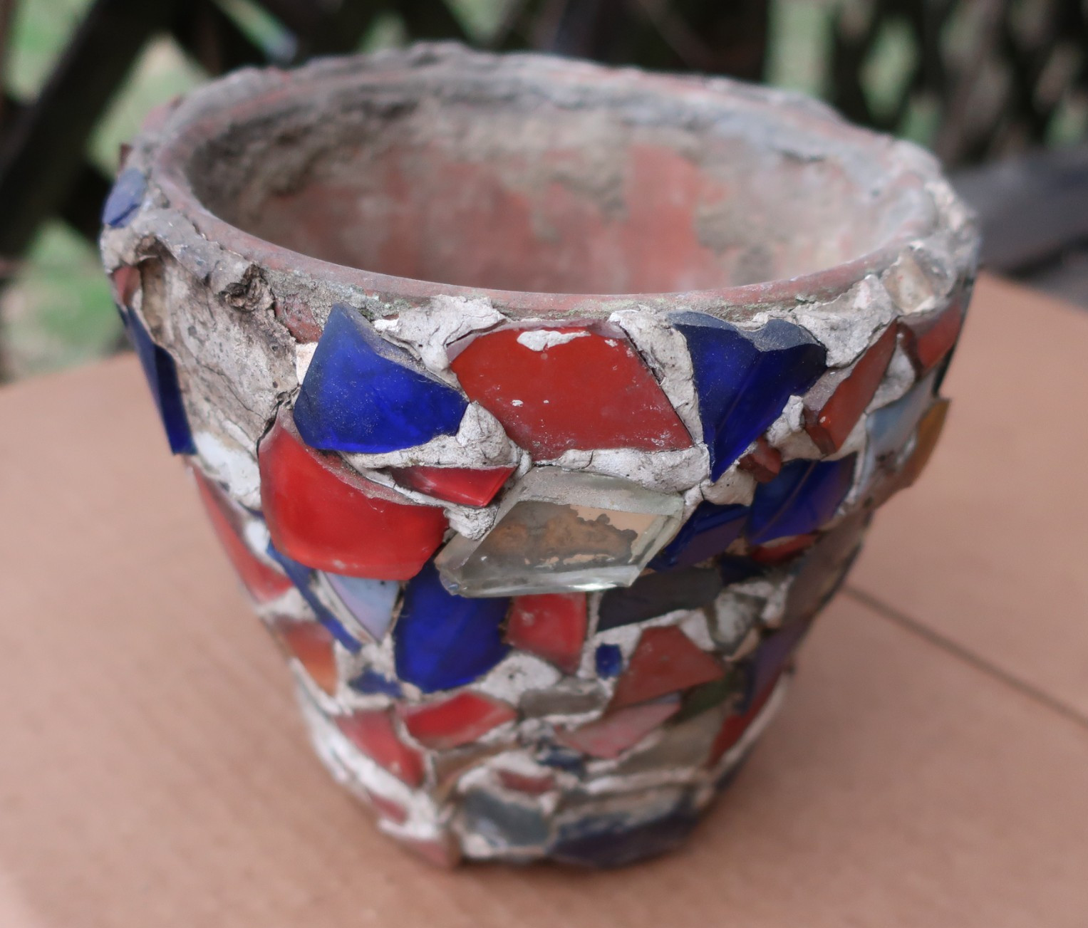 Old Antique Memory Jug Mosaic Glass Pieces over Flower Pot Crock Folk Art