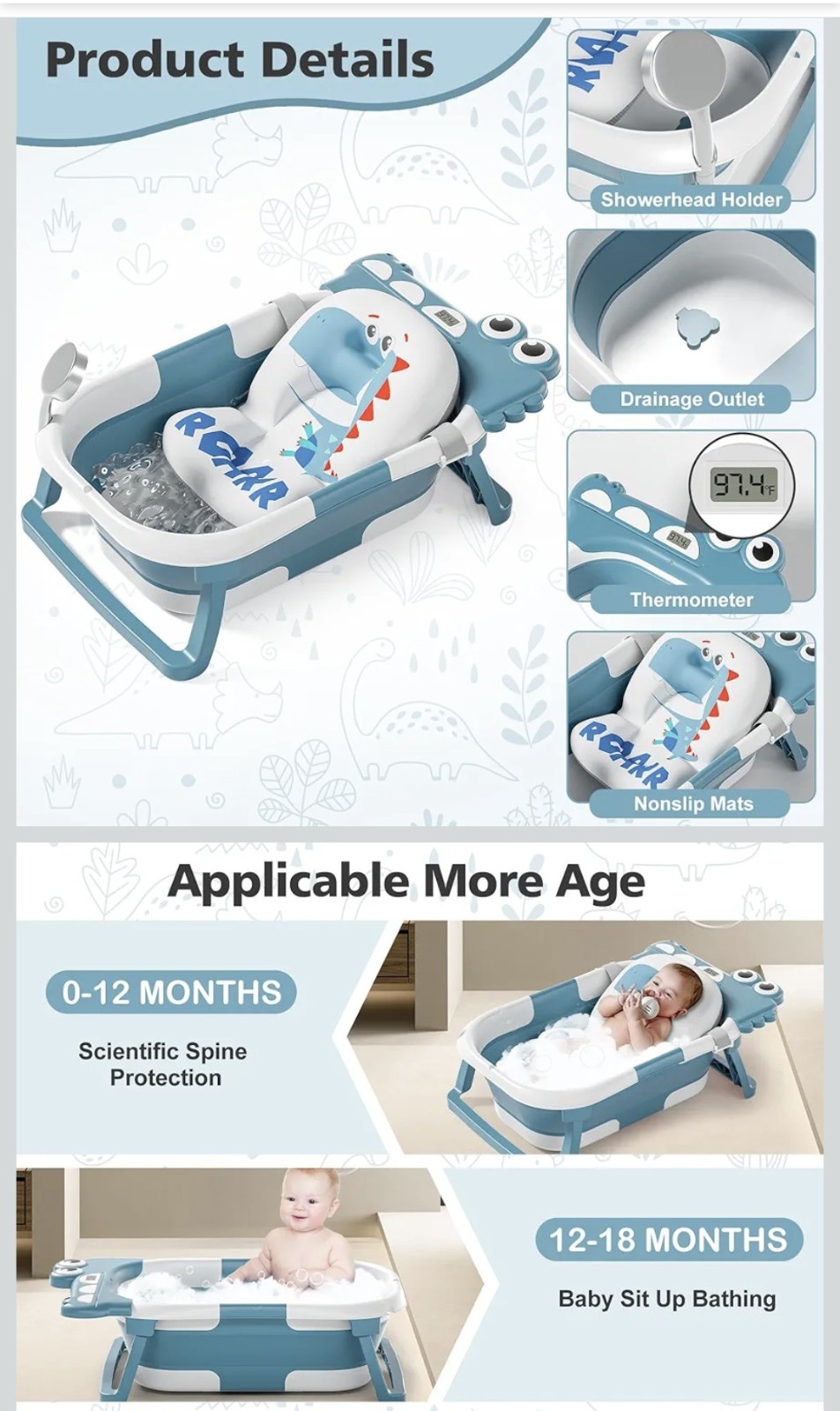 Foldable Baby Bathtub with Cushion & Temp Sensor, Portable Infant Tub 0–36M