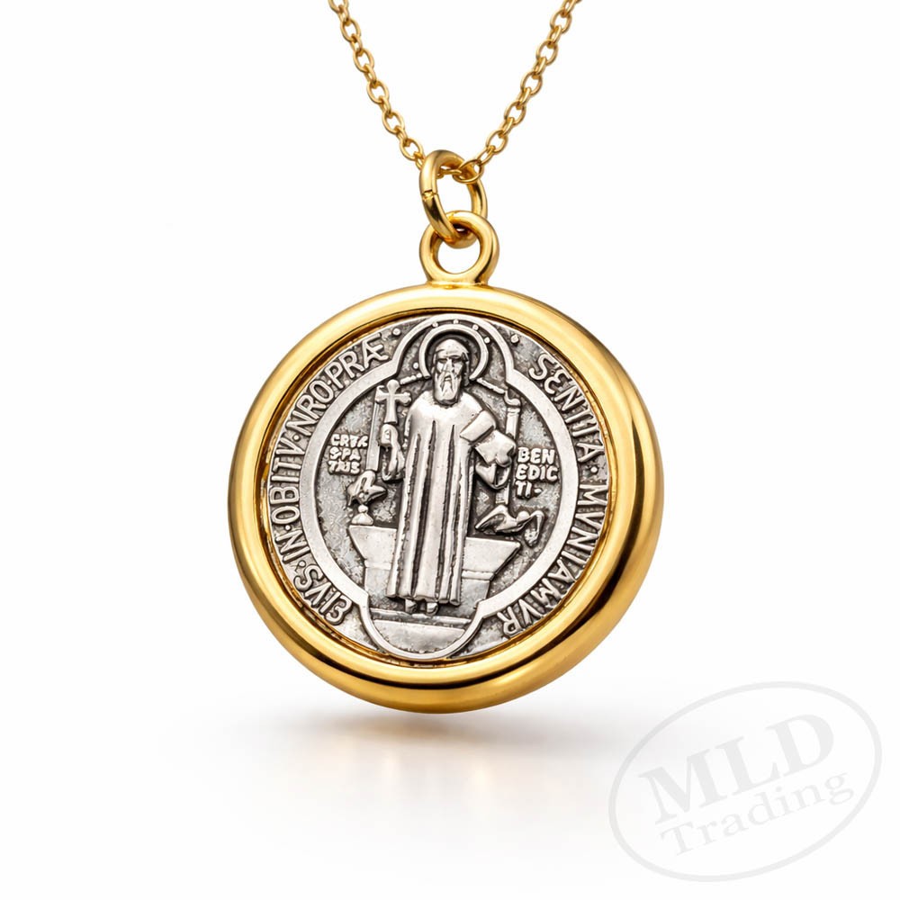 Saint St Benedict Medal Pendant Necklace – Gold Tone Border – 18”+2” Link Chain