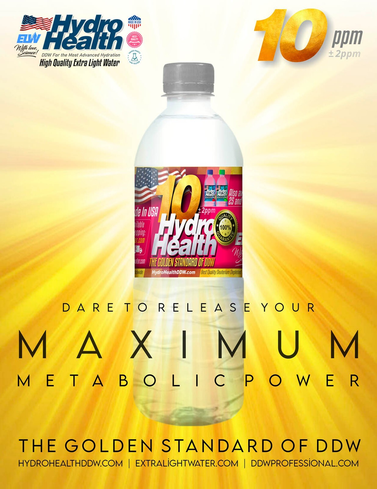 Deuterium Depleted Water 10 ppm Hydro Health 24 pcs x 500ML,free S&H to Cont.US