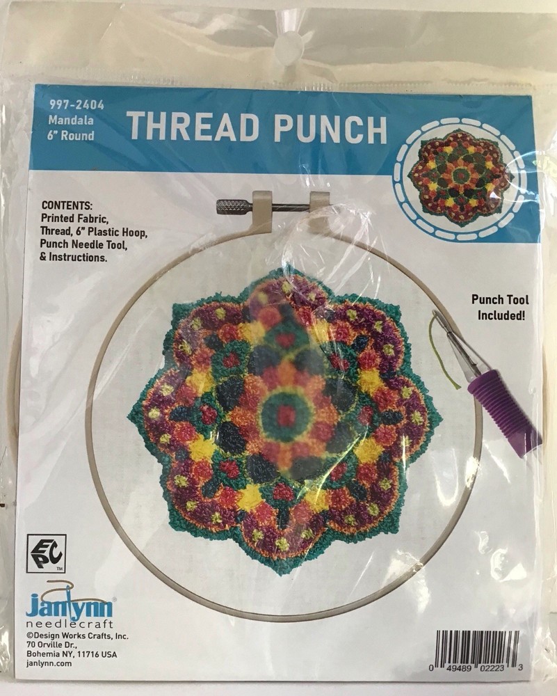 Thread Punch Kit Mandala 6” Round, Tool, Thread, Hoop, Fabric, Instructions