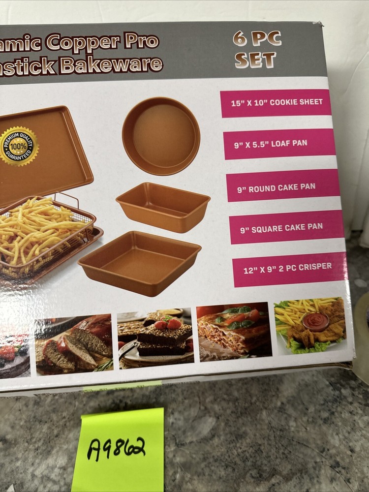 Gourmet Edge Copper Ceramic Nonstick Bakeware 6 Pc Set Cookie Sheet Cake Crisper