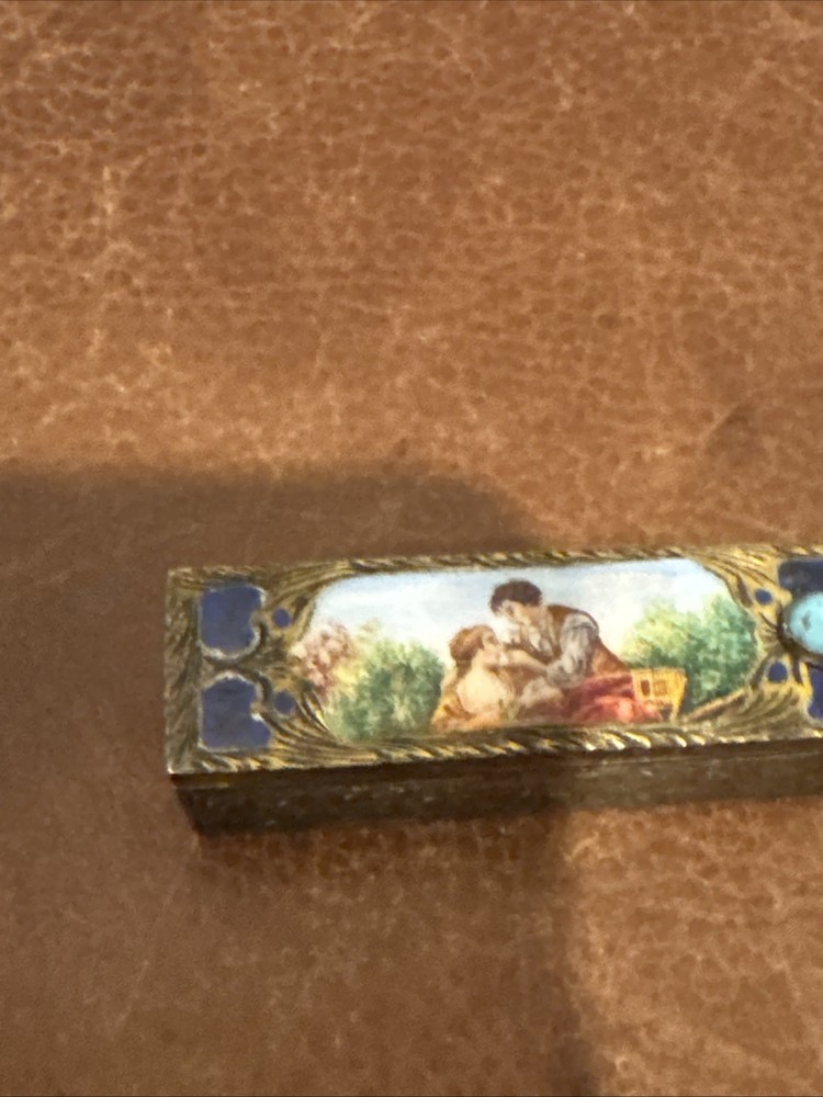 Old Solid Silver 800 Lipstick Case Unique Box Porcelain Polychrome Plaque 20th C