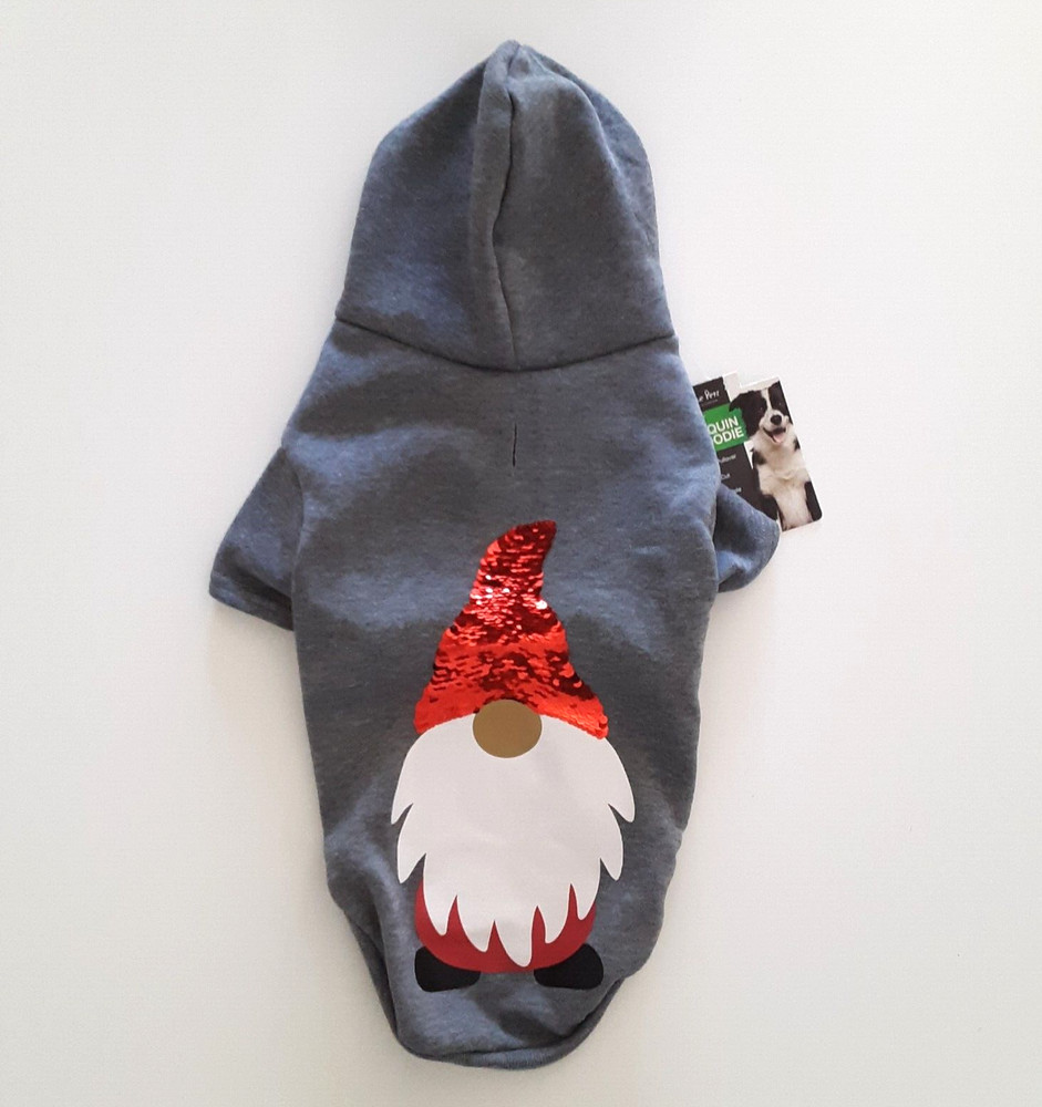 Unique Petz Size M Christmas Gnome Hoodie Pullover Jacket Gray Red Sequin