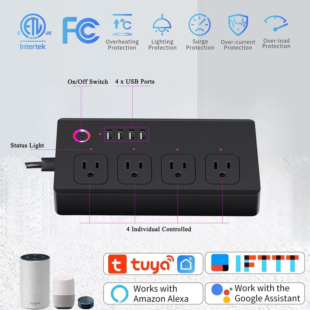 ZigBee Smart Power Strip Surge Protector,Smart Fast Charge, 4 Individually Co...