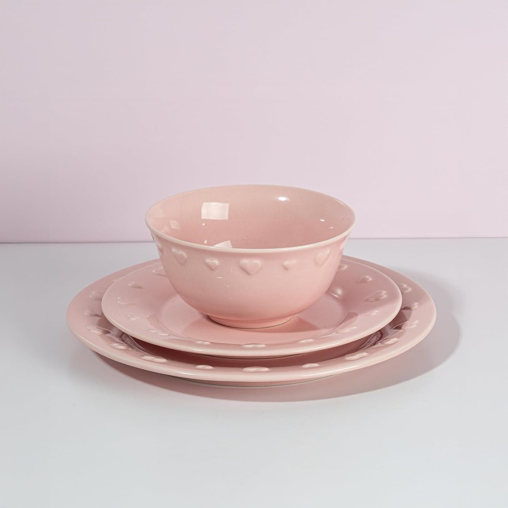 Ceramic Stoneware 12-Piece Dinnerware Set, Embossed Hearts. Iconic