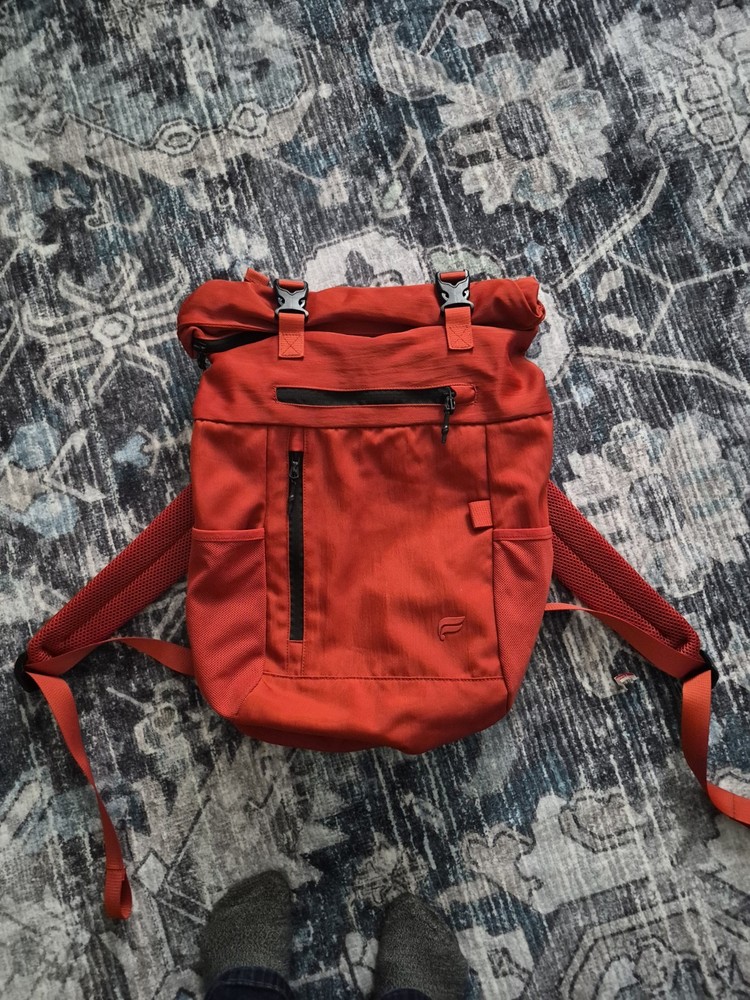 Fabletics "The Only Backpack" Orange Nylon NWOT Multiple Pockets Roll Down Top