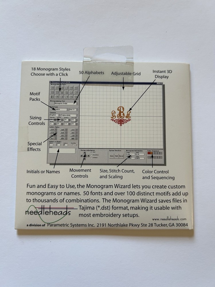 PRE-OWNED Needleheads Monogram Wizard Embroidery Software Software *READ*