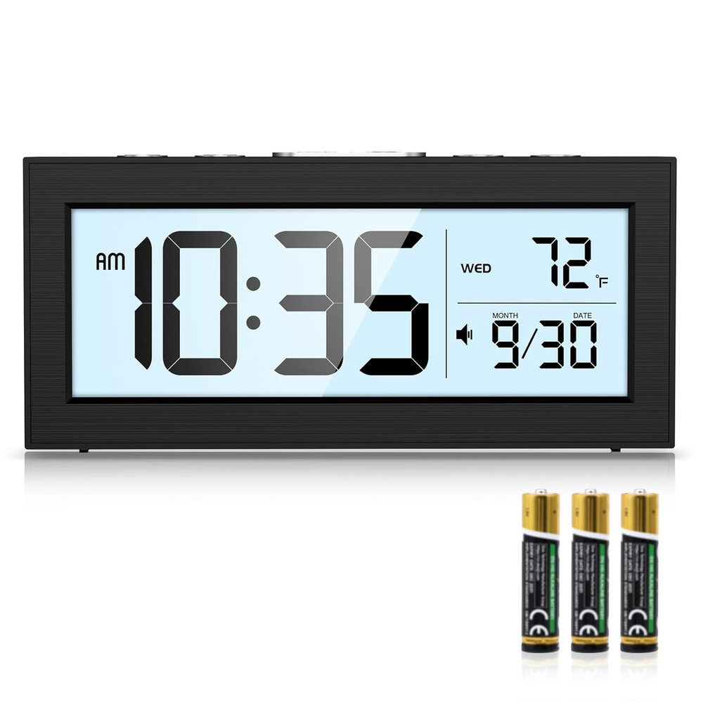 Battery Powered Digital Clock, LCD Digital Clock with Date & Temp Display, 5 Ala