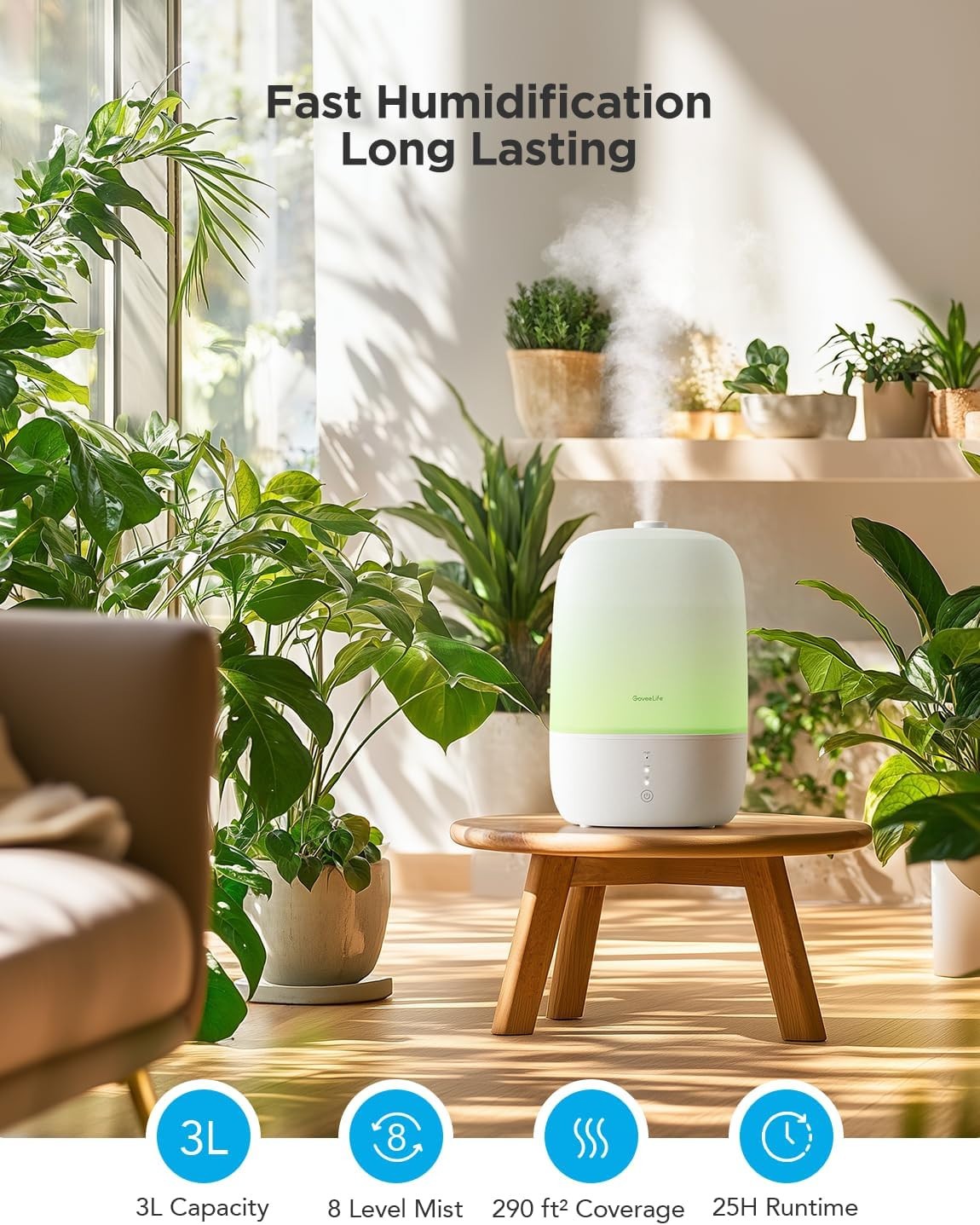 GoveeLife Smart Humidifier 3L Cool Mist , App Control, Aromatherapy, Night Light