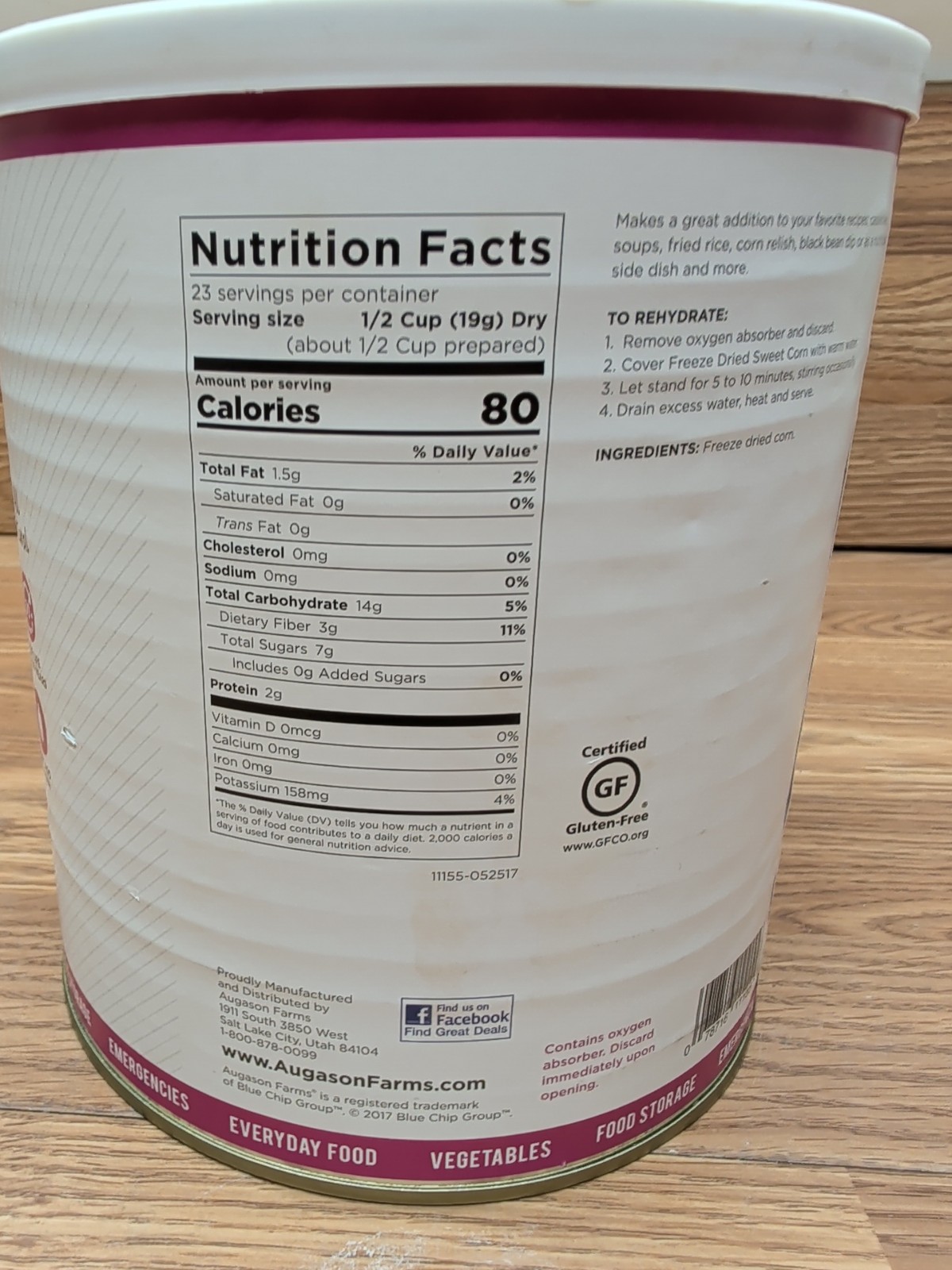 Augason Farms Freeze Dried Sweet Corn 1 lb #10 Can Exp 2047