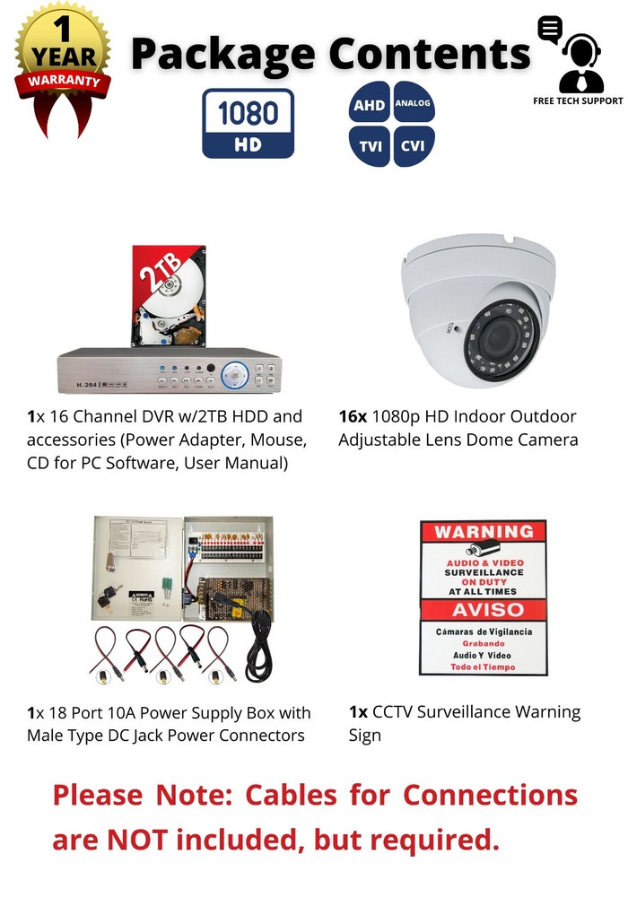 16 Dome Camera Security Surveillance System 2TB Recording Storage Remote Viewing