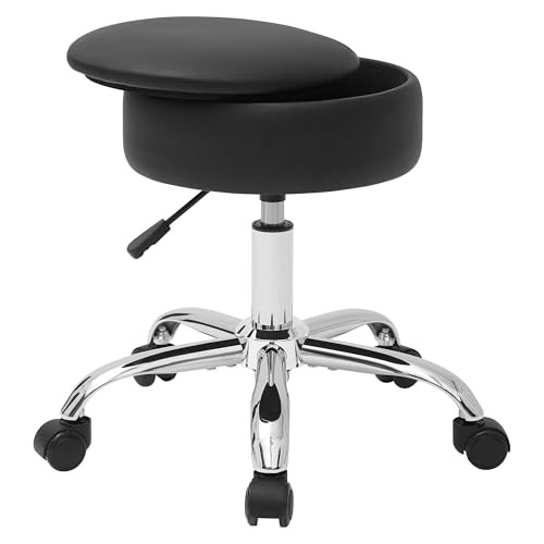 Adjustable Vanity Stool with Storage Rolling Vanity Chair Black With Wheels