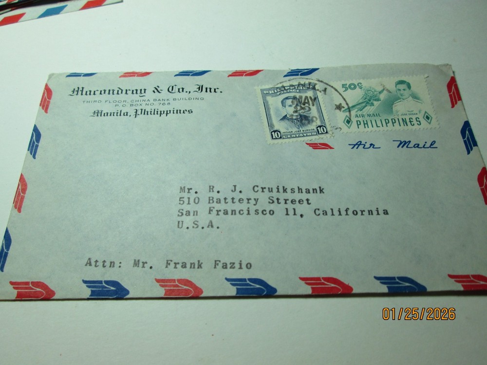AIR MAIL POST MARKED ENVELOPE - MANILA PHILIPPINES 1950. MACODRAY & CO.