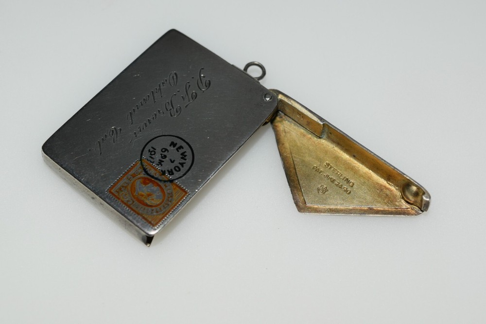 Antique Stamp Box Envelope Sterling Silver Miniature 1913