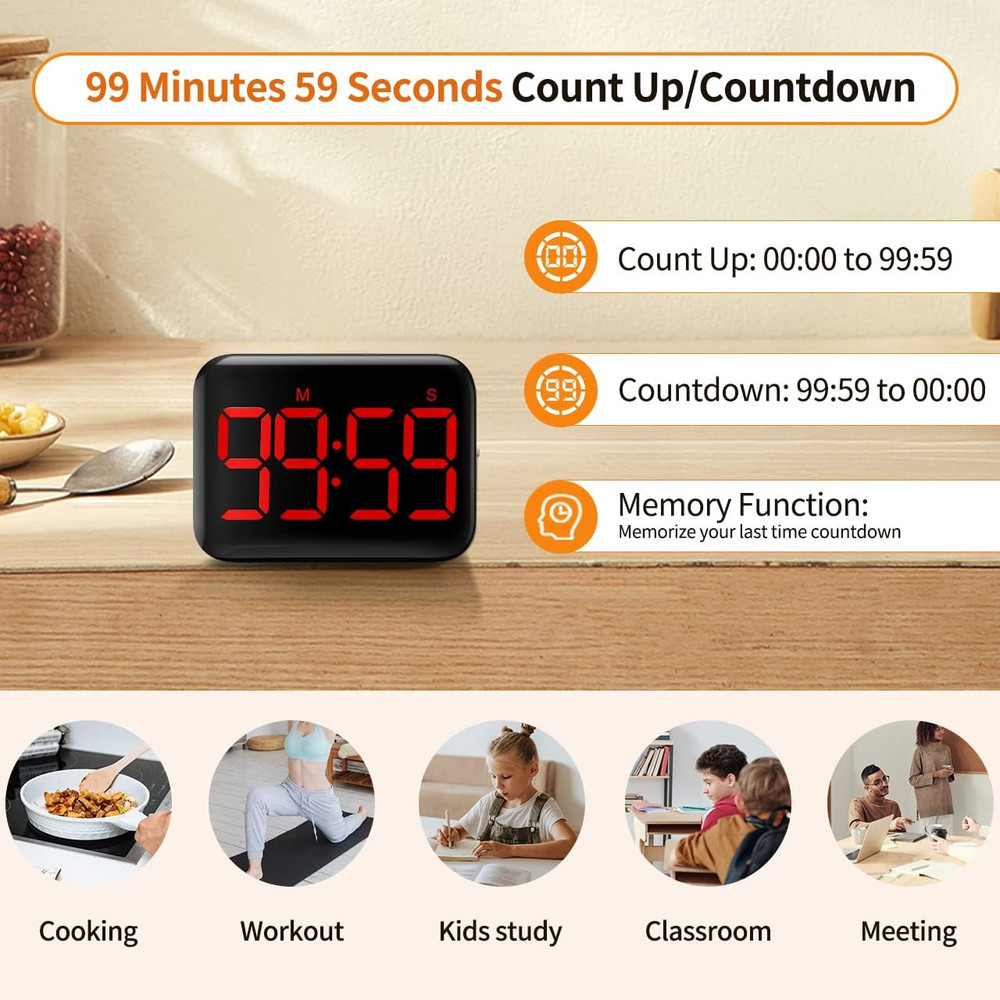 Magnetic Kitchen Timer for Cooking with Count Up Countdown, Digital Timer Batter