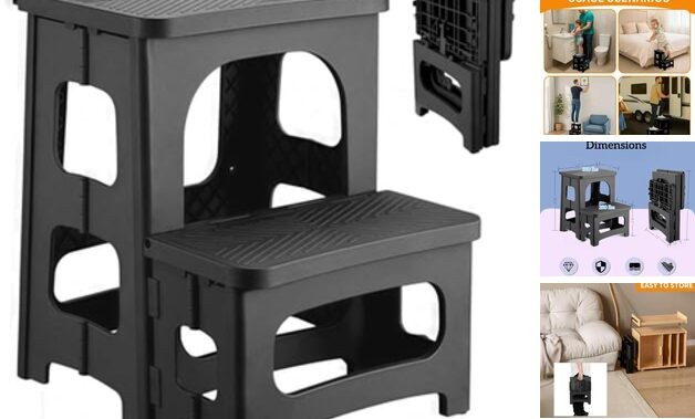 2 Step Stool Foldable, Non-Slip Steps, Folding Step Stool for Adults & Black