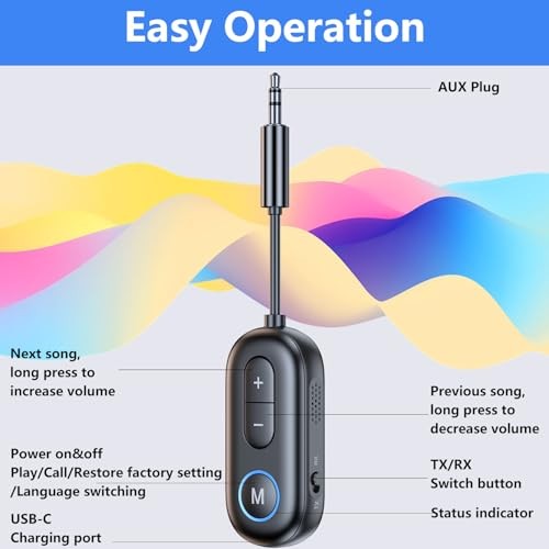 Bluetooth 5.4 Transmitter Receiver - 2-in-1 Bluetooth Wireless Audio Black