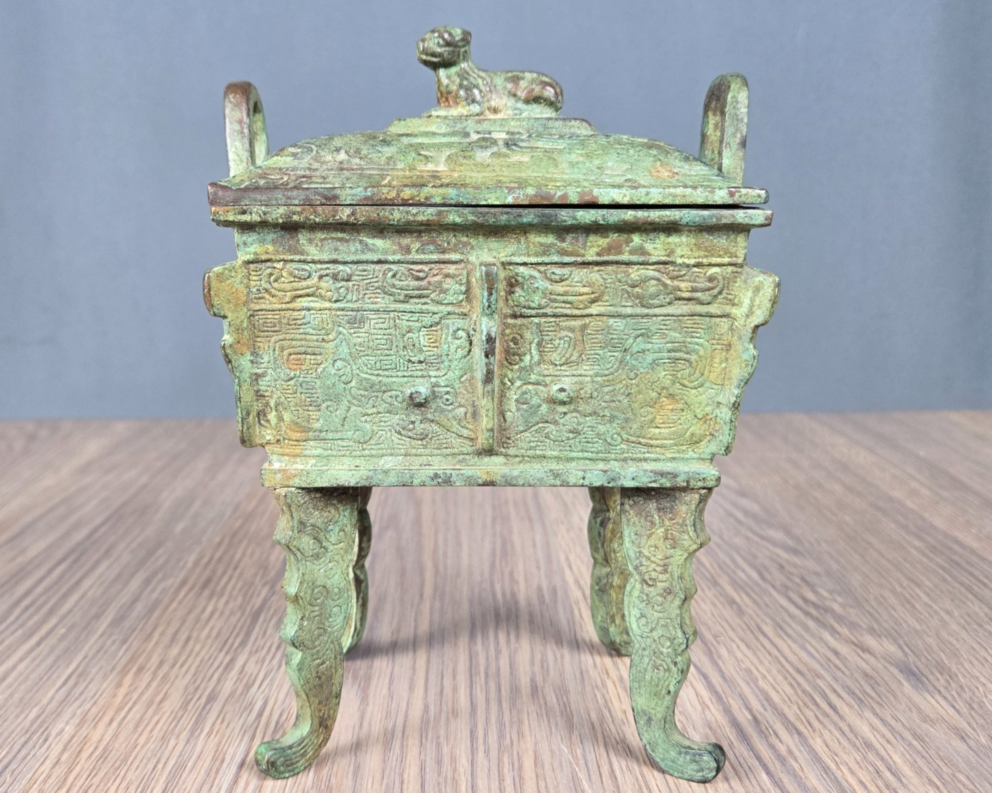Chinese cast bronze Fang Ding Censer, dog lid, incense burner, signed