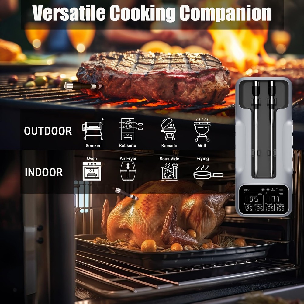 Dual-Probe Wireless Meat Thermometer for Grilling, Smoking, BBQ - Bluetooth E...