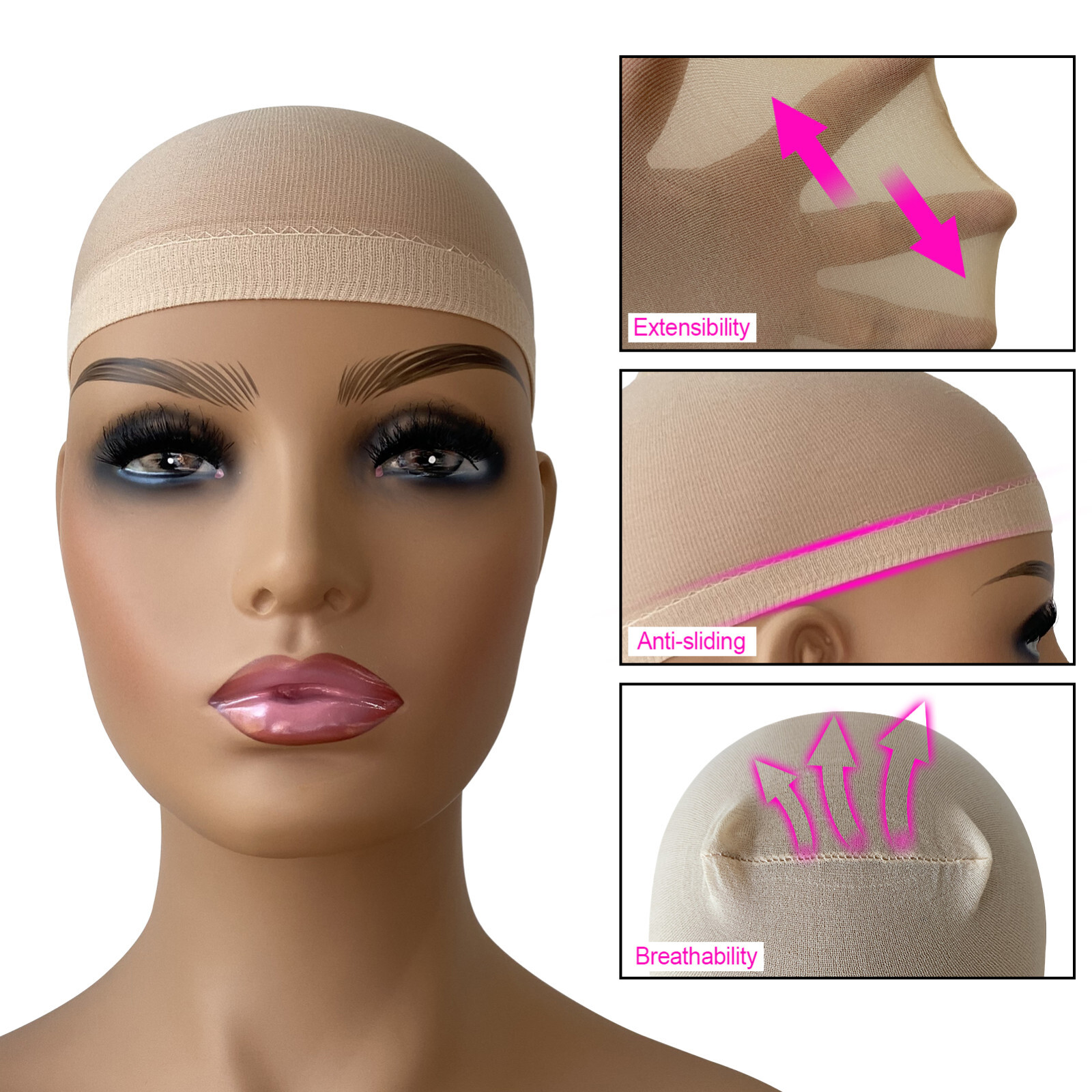 2pcs Deluxe Nylon Stocking Stretchy Wig Caps Light Coffee,Nude,Black, Beige