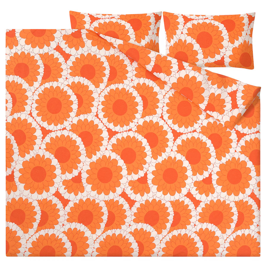 New IKEA KRANSMALVA Full Queen Duvet Cover + 2 Pillowcases Orange White Floral
