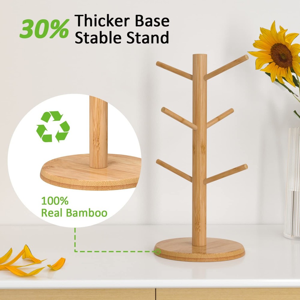 Bamboo Mug Tree with Thicker Base - Countertop Coffee Cup Stand with 6 Hooks