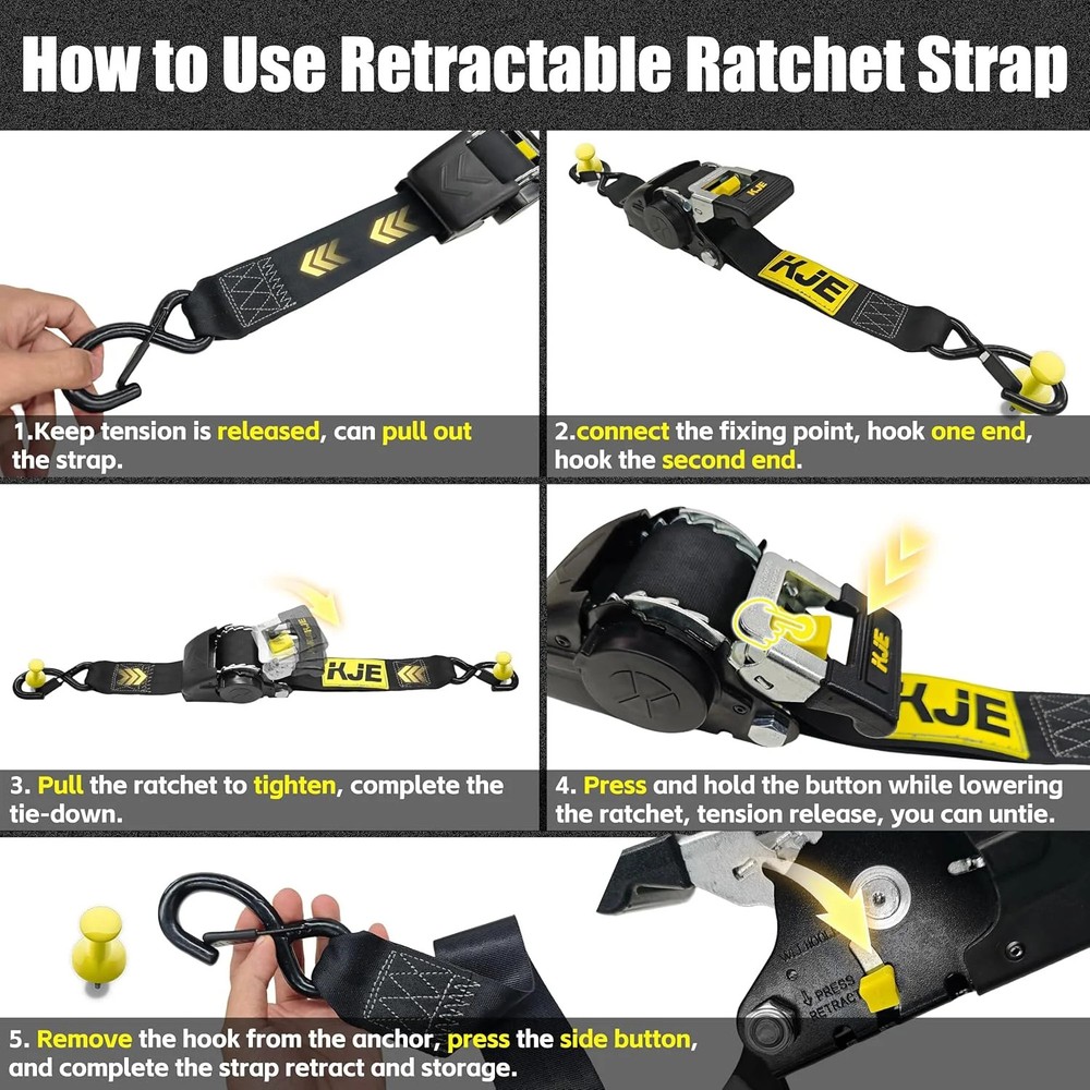 KJE Retractable Ratchet Straps, (4) 2" x 10' Automatic Tie Down Strap Sets + (4)