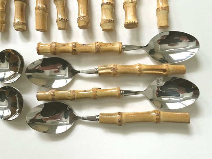 23 ASSORTED PCS. *KOALA LOVE* BAMBOO HANDLE STAINLESS FLATWARE-UNUSED OPEN BOX