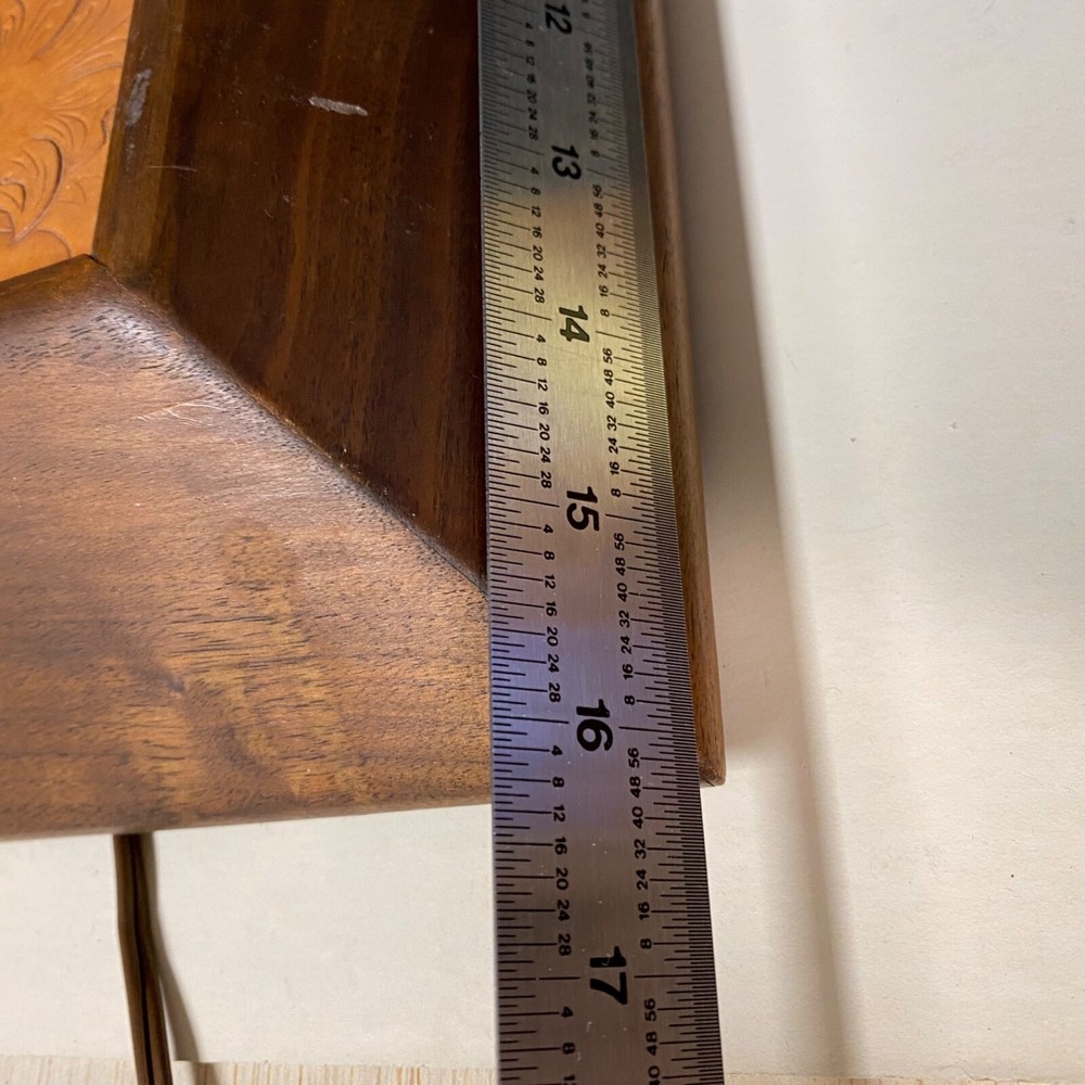 Vintage Square Tooled Leather Clock 16" Wood Frame Plug In • Works!