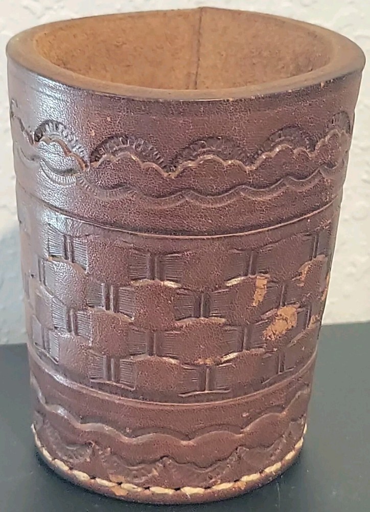 Ornate Handmade Leather Dice Cup (Brown) No Lining White Thread • Unsigned • 3"