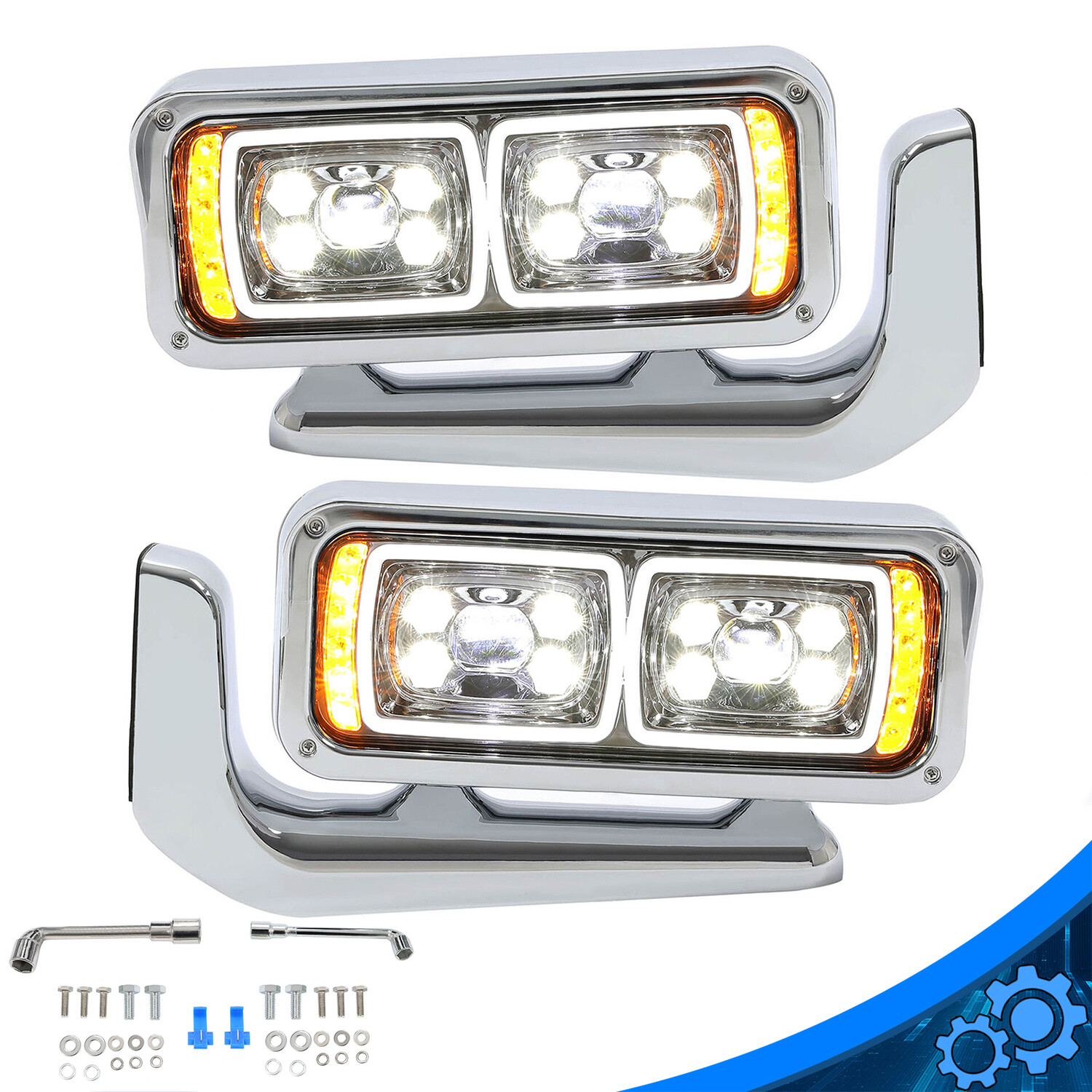 LED Signal Chrome Projector Headlights w/Mounting Arms For Peterbilt 359 379 389