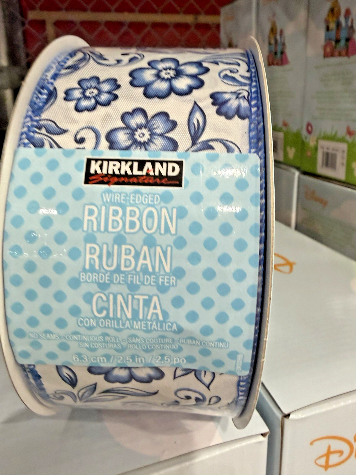 Kirkland Wire-Edged Ribbon blue and white floral 2 in Wide 50 YD