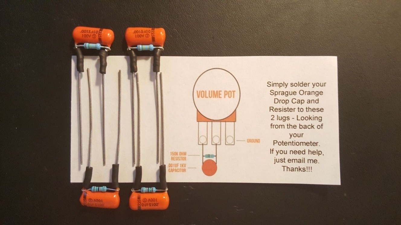 4 -Sprague ORANGE DROP Treble Bleed Mods .0015uf/150k - Strat, Tele, humbuck