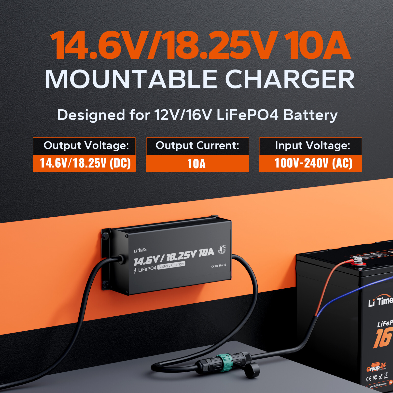 LiTime 12V(14.6V)&16V(18.25V) 10A Smart Charger for LiFePO4 Battery Mountable