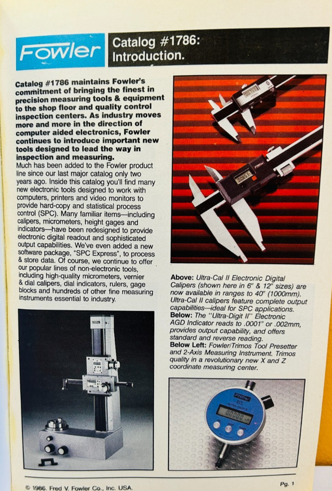 Fowler 1986 Quality Measuring Instruments & Precision Tools #1786 Catalog.