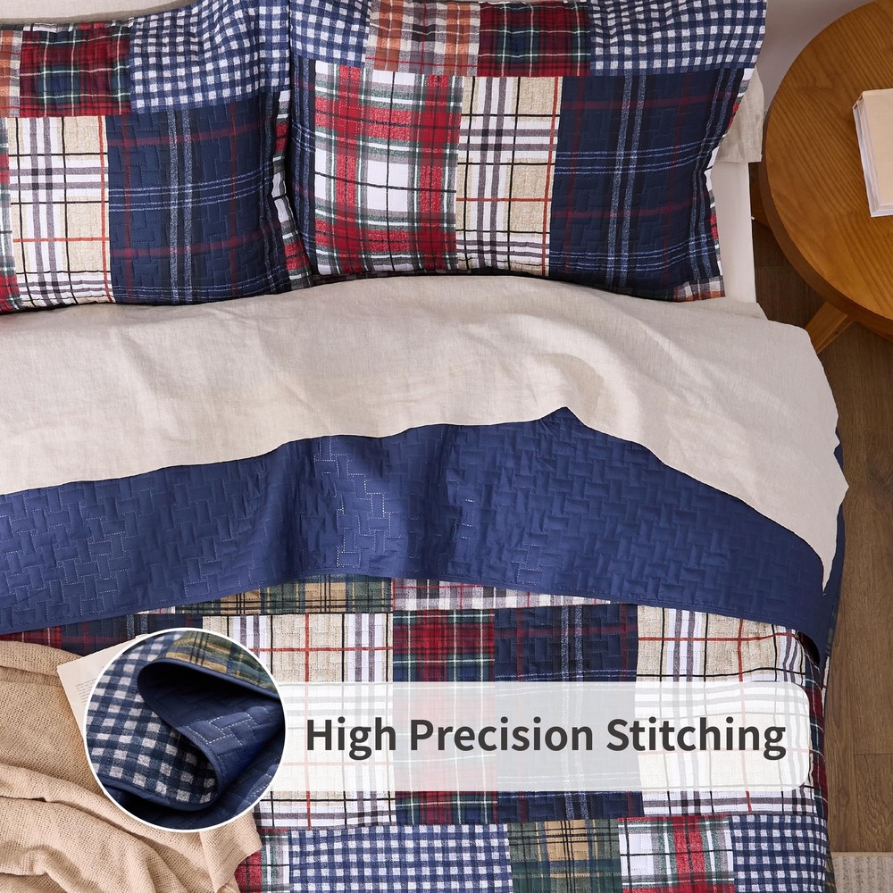PPOLCA Patchwork Queen Quilt Bedding Set, Plaid Lightweight Queen, Dark Blue
