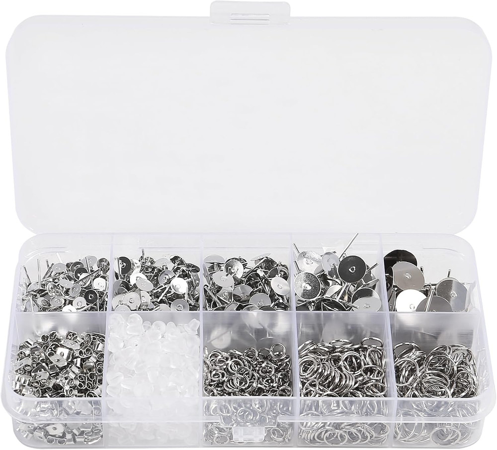 1650Pcs Earring Posts and Backs Jump Rings Kit Hypoallergenic Earring Studs Butt