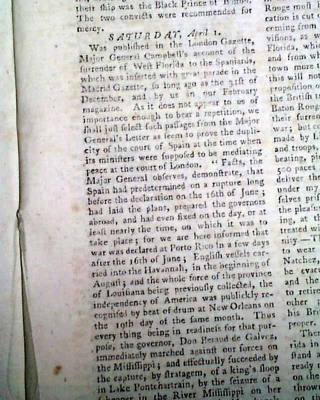 1780 WEST FLORIDA Surrender to Spanish Revolutionary War London Enemy Magazine