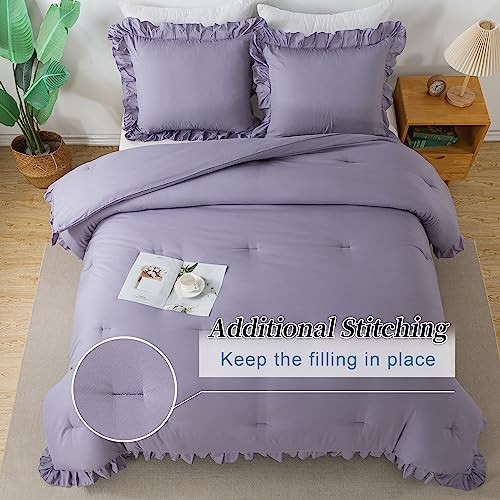 Grayish Lavender Comforter Set, 3 Pieces Solid Ruffle Bedding Queen Purple