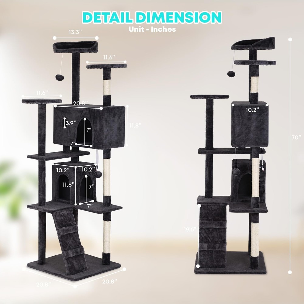 | 70" Cat Tree Tower | Dark Gray | Multi-Level Indoor Activity Center with Si...