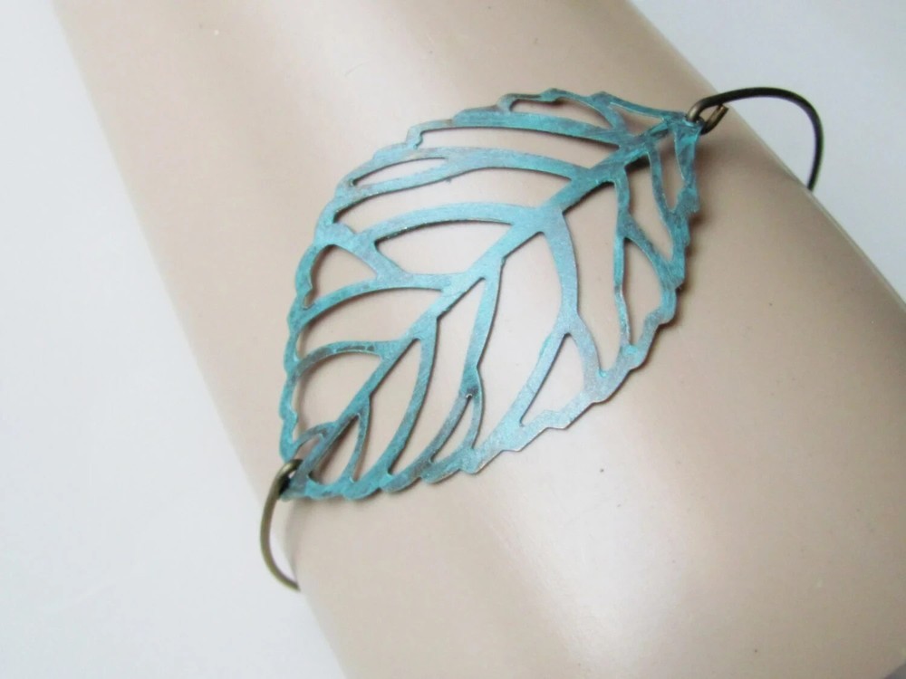 Leaf Bracelet Bangle Turquoise Antique Brass Silver Boho Nature Stacking Beach
