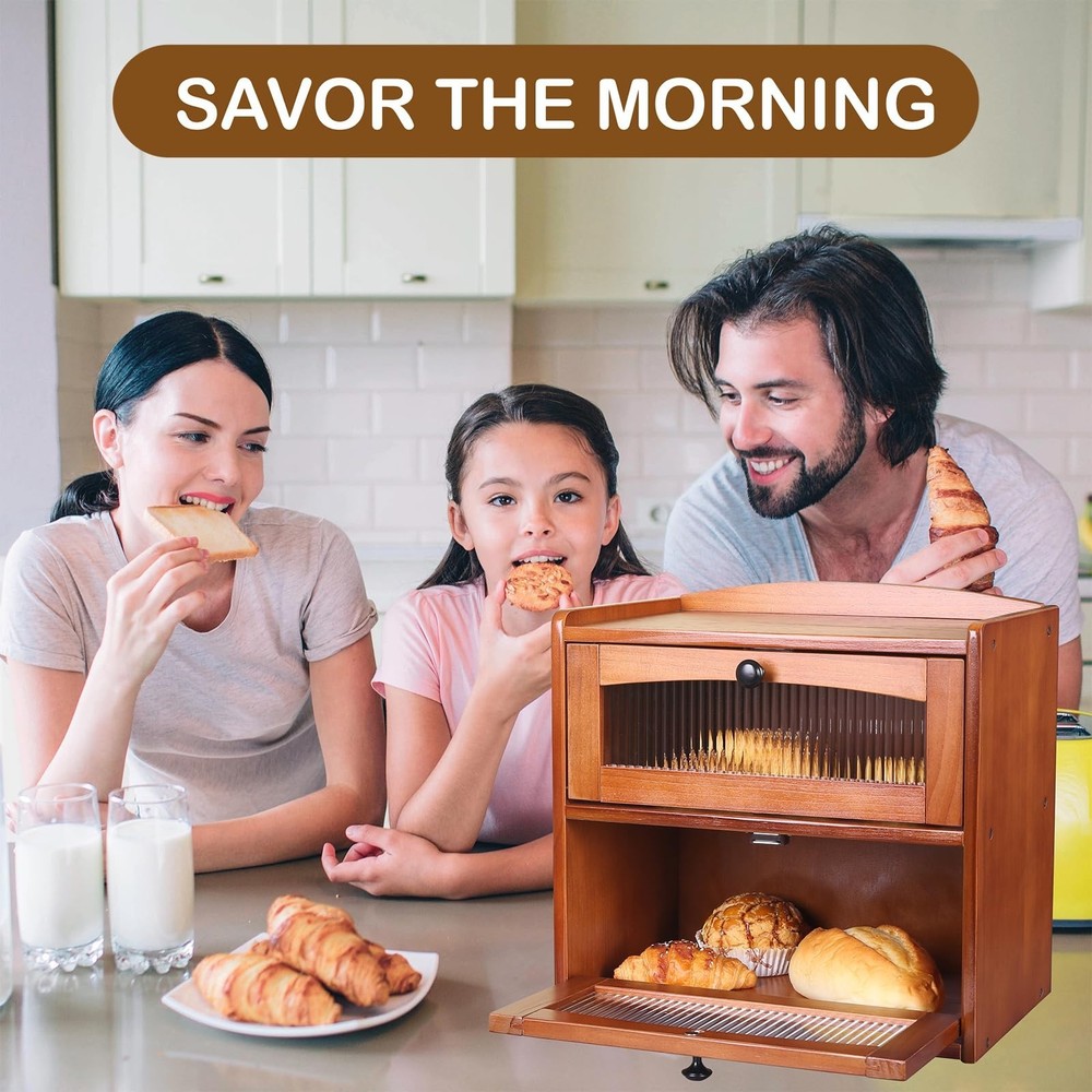 Bread box for Kitchen Countertop Double Layer Large, Solid Wooden Farmhouse B...