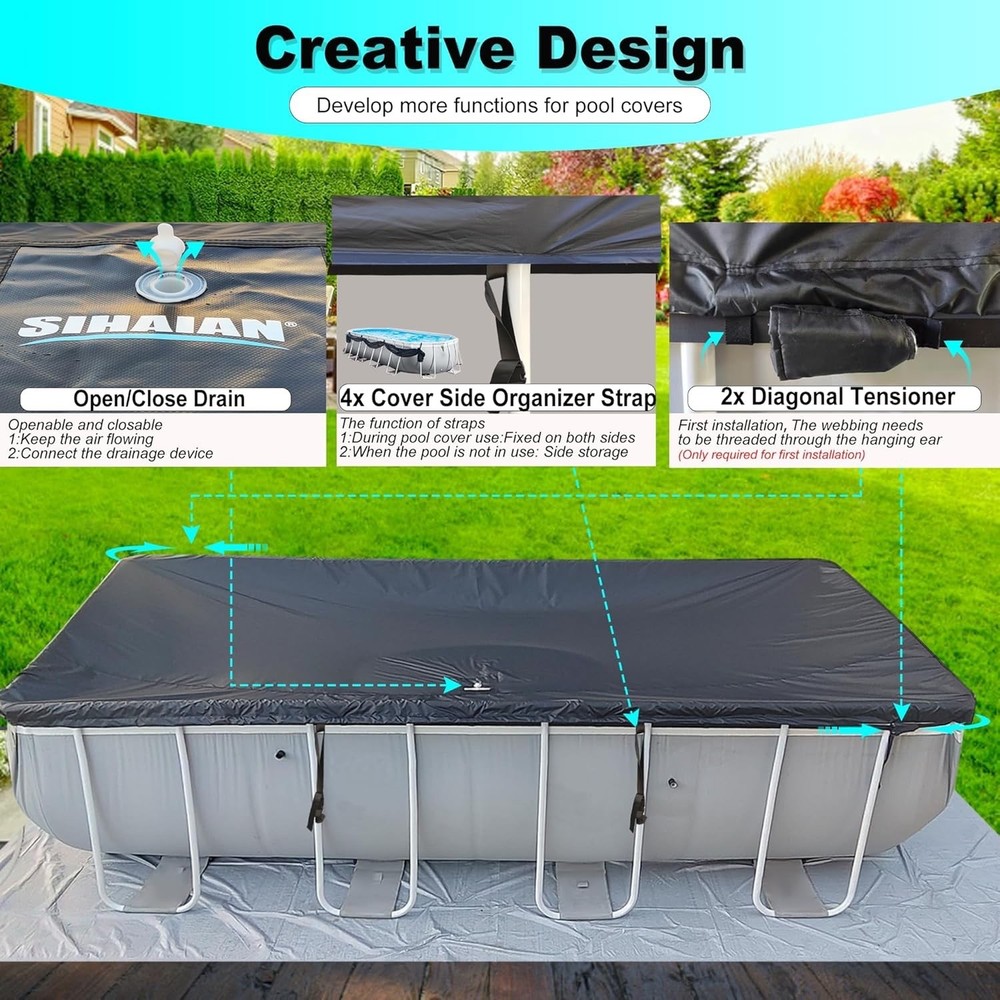 SIHAINA 16x25Ft Rectangular Pool Cover with Side Storage NEW