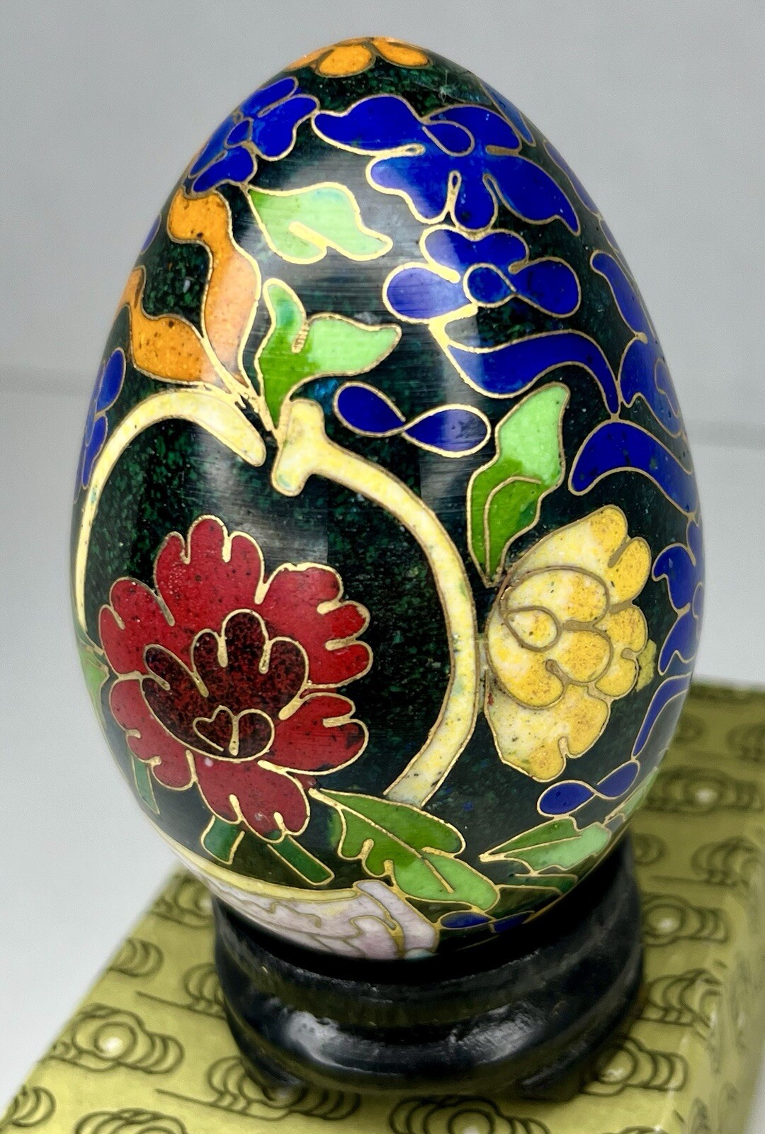 Vintage Chinese Black Cloisonné Enamel Copper Egg Pink Flowers Wood Stand In Box