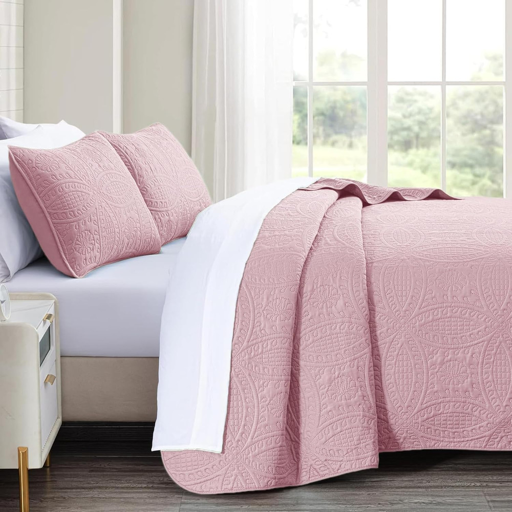 Full/Queen Quilt Set,Pink Lightweight Bedspread with Coin Pattern, Soft Microfib