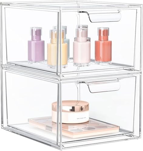Stackable Makeup Organizer and Storage, Acrylic Organizers，Plastic 2 Pack Clear