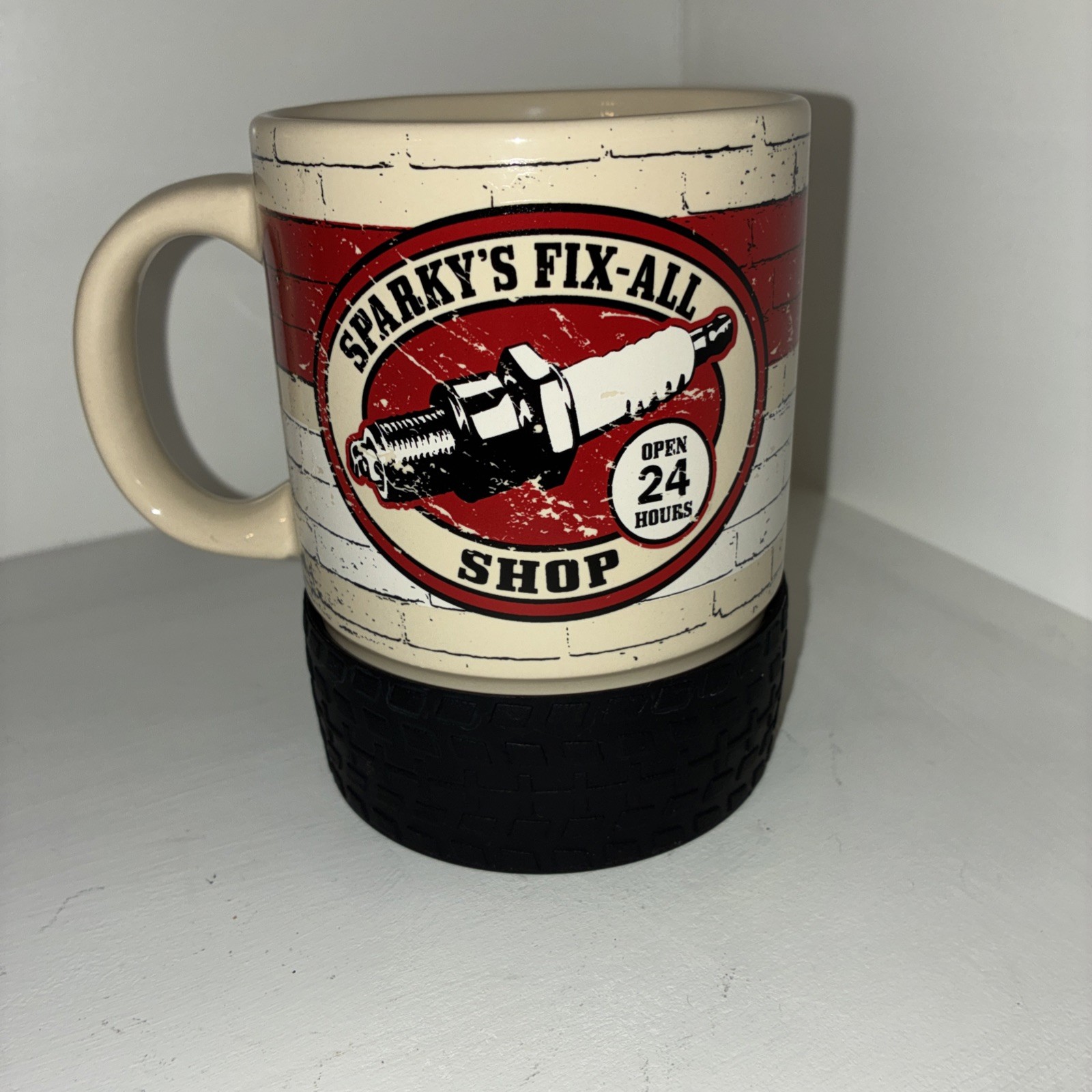 Sparky’s Fix-All Shop Large Coffee Mug Cup Rubber Tire Bottom Open 24 Hours Nice